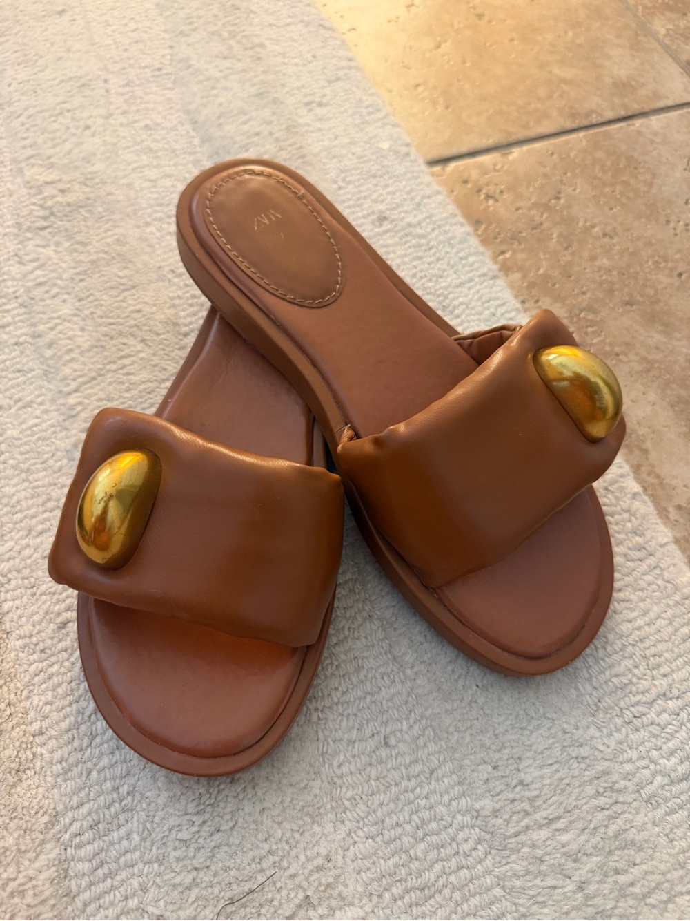 Zara  Brown Slide Sandals with Gold Accent